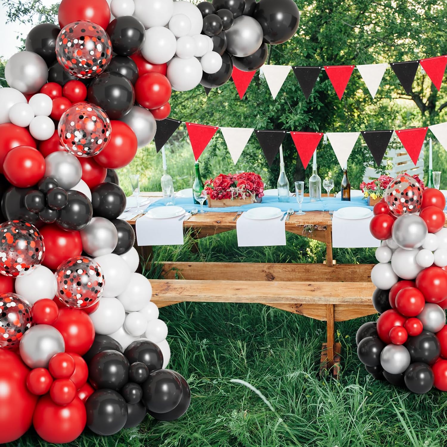 DBKL Party Balloon Garland Arch Kit with Red Black White Silver Confetti Balloons