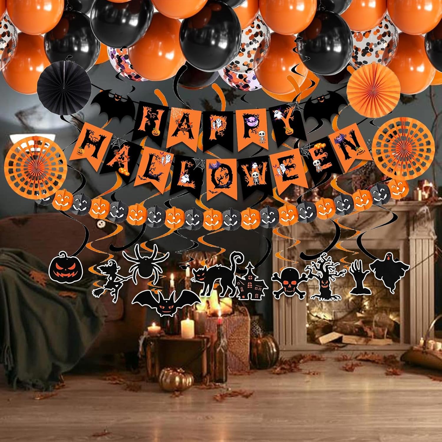 FECEDY Happy Halloween Decorations Banner Fan Balloons Streamers