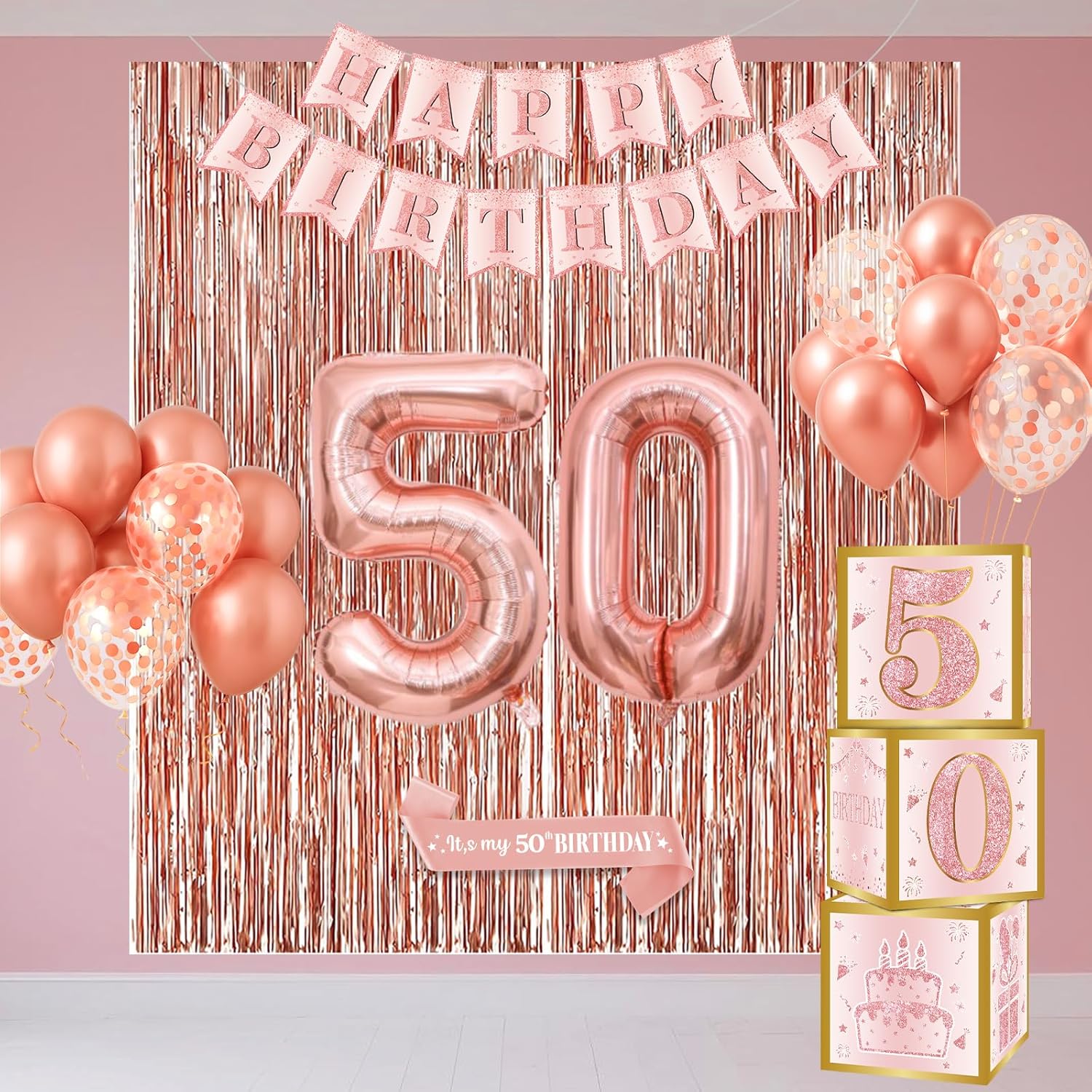 Rose Gold 50th Birthday Decorations Set