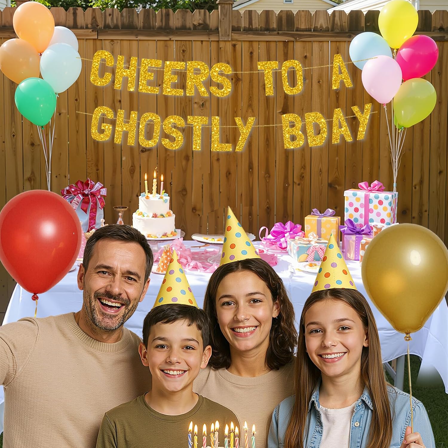 Meowoo Ghostly Birthday Banner with Glitter Gold Letters