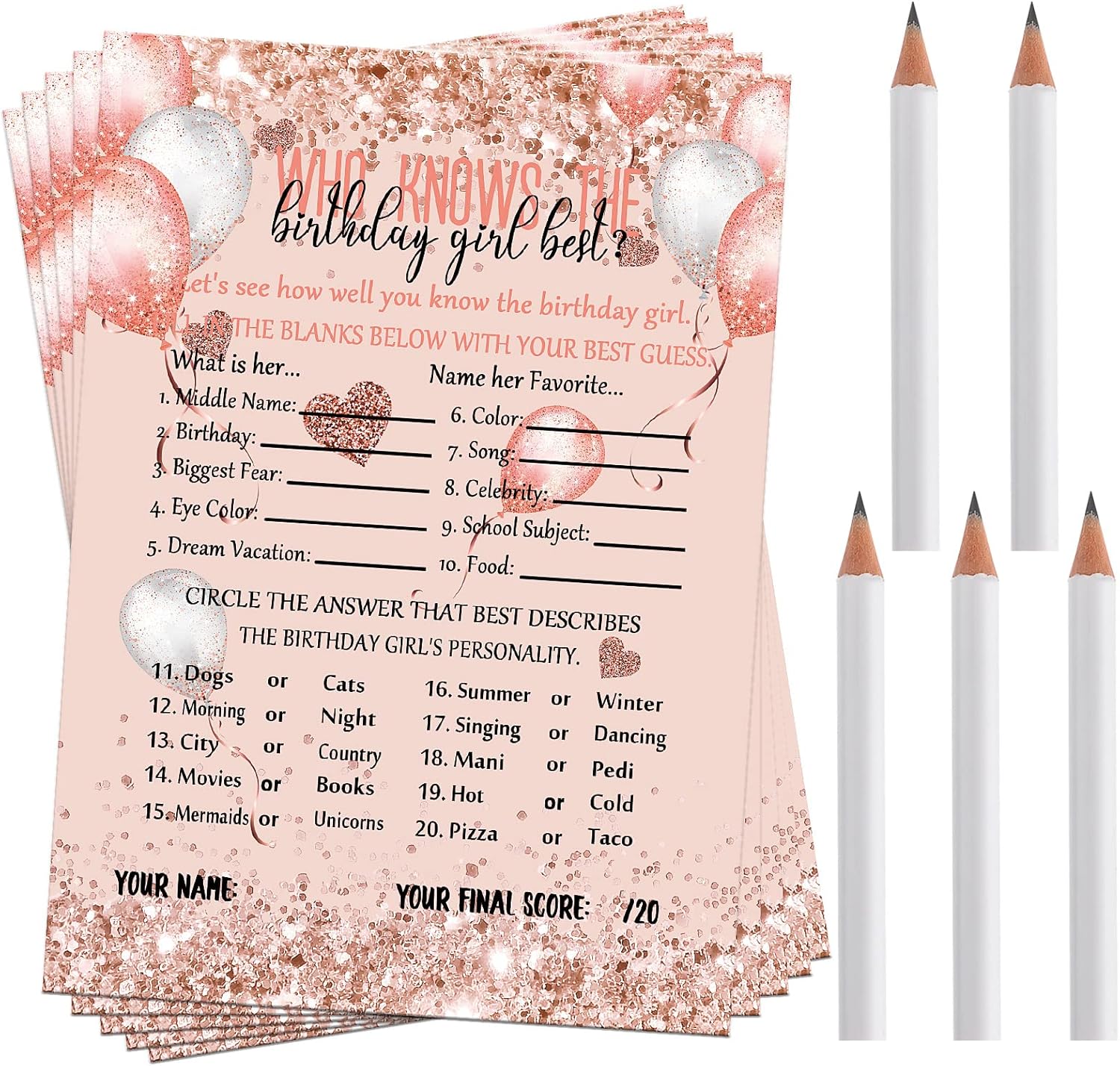 Leinuosen Birthday Girl Best Game Card 50Pcs with Pencils