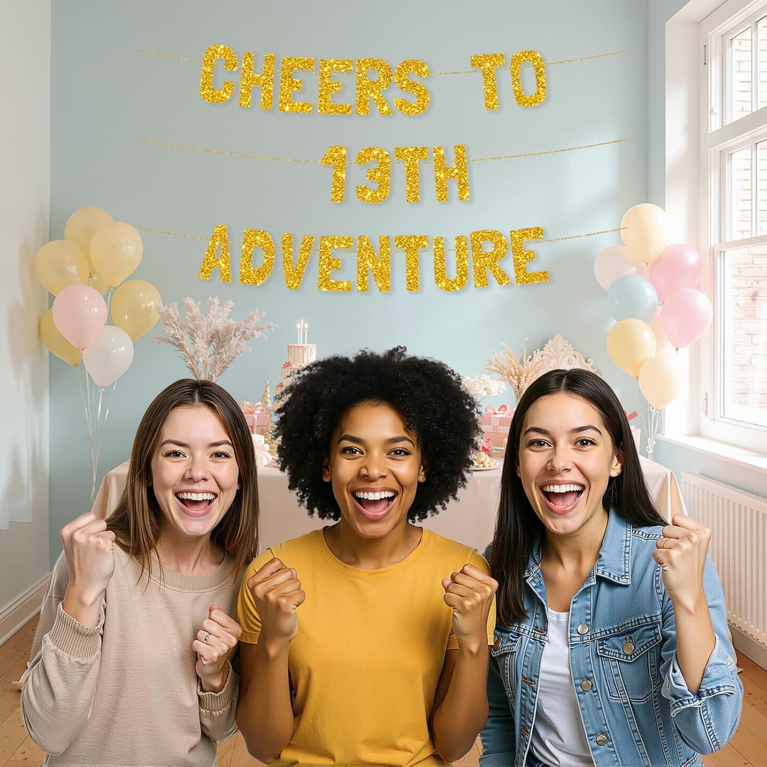 Meowoo 13th Adventure Decorations Sparkling Gold Banner