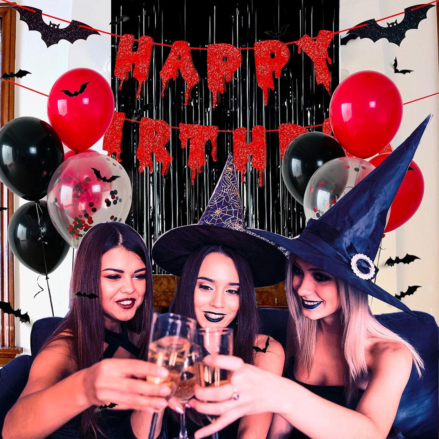 Red Glittery Halloween Birthday Party Decor Banner Set