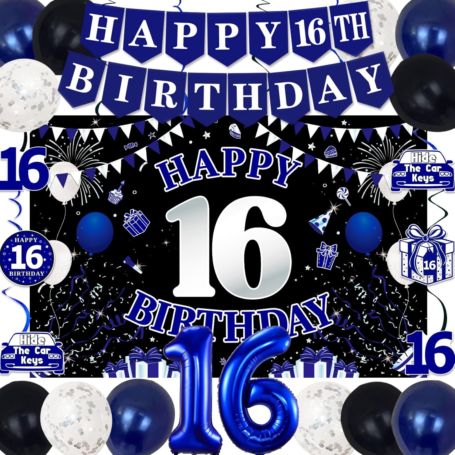 16th Birthday Decorations Blue Black Party Supplies