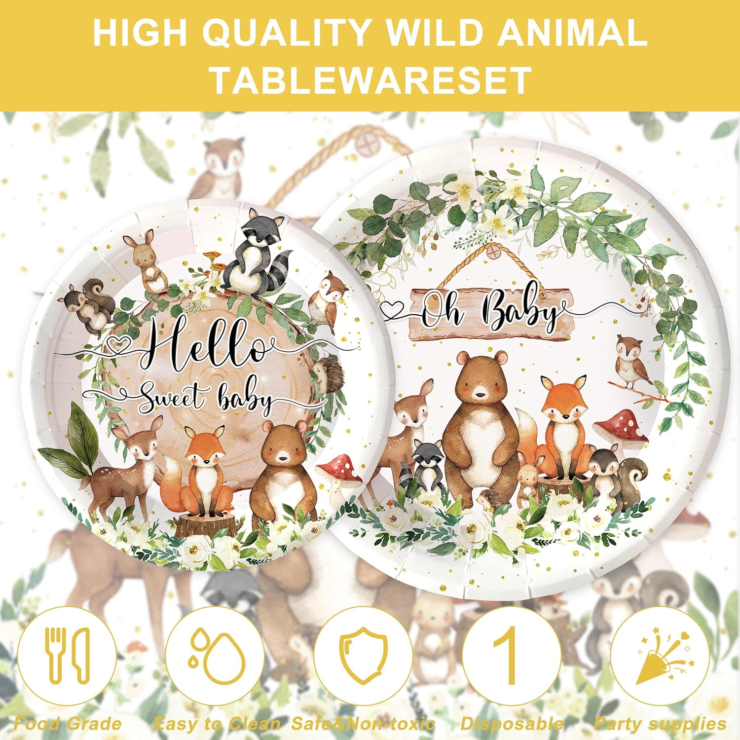 Safari Woodland Animal 120PCS Baby Shower Tableware Set
