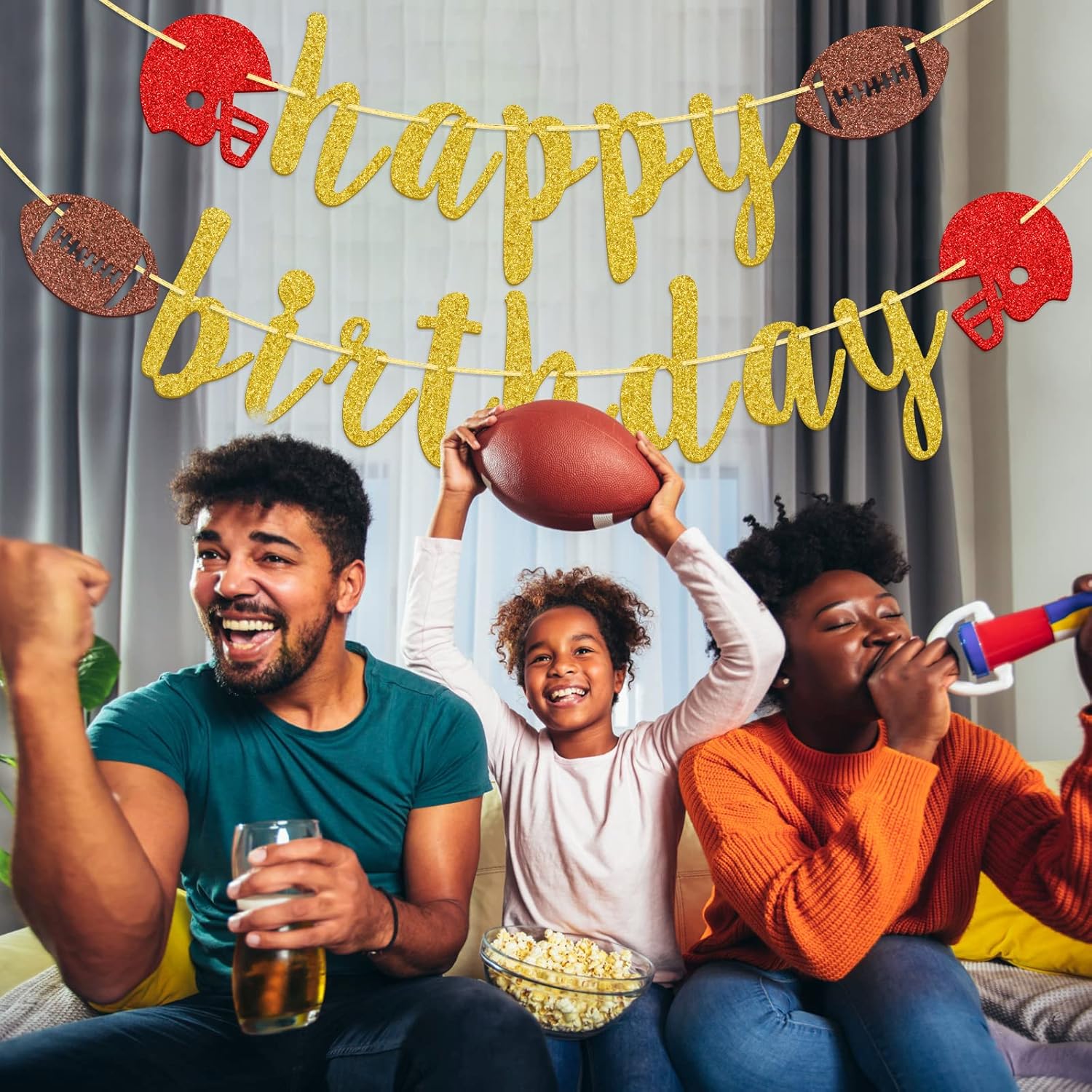 Happy Birthday Football Banner with Gold Glitter