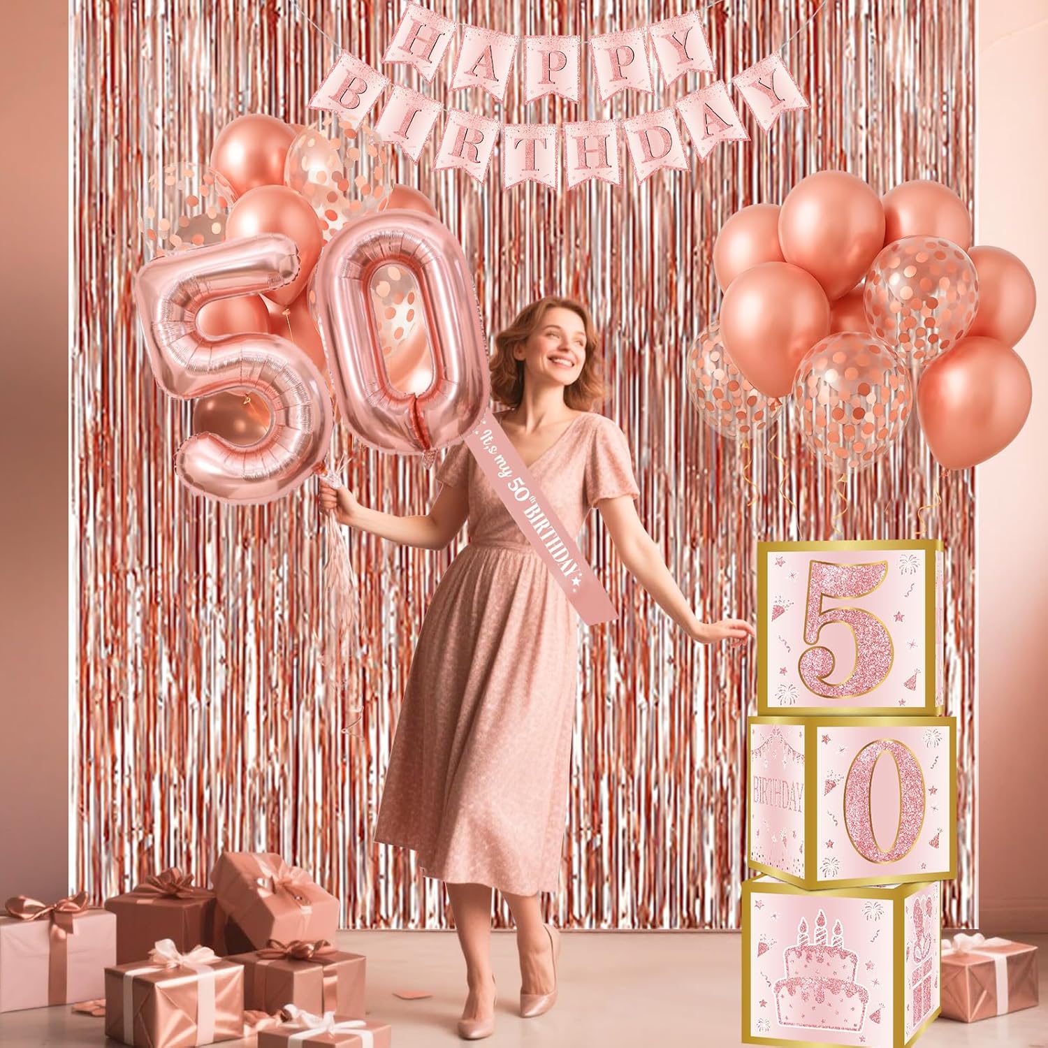 Rose Gold 50th Birthday Decorations Set