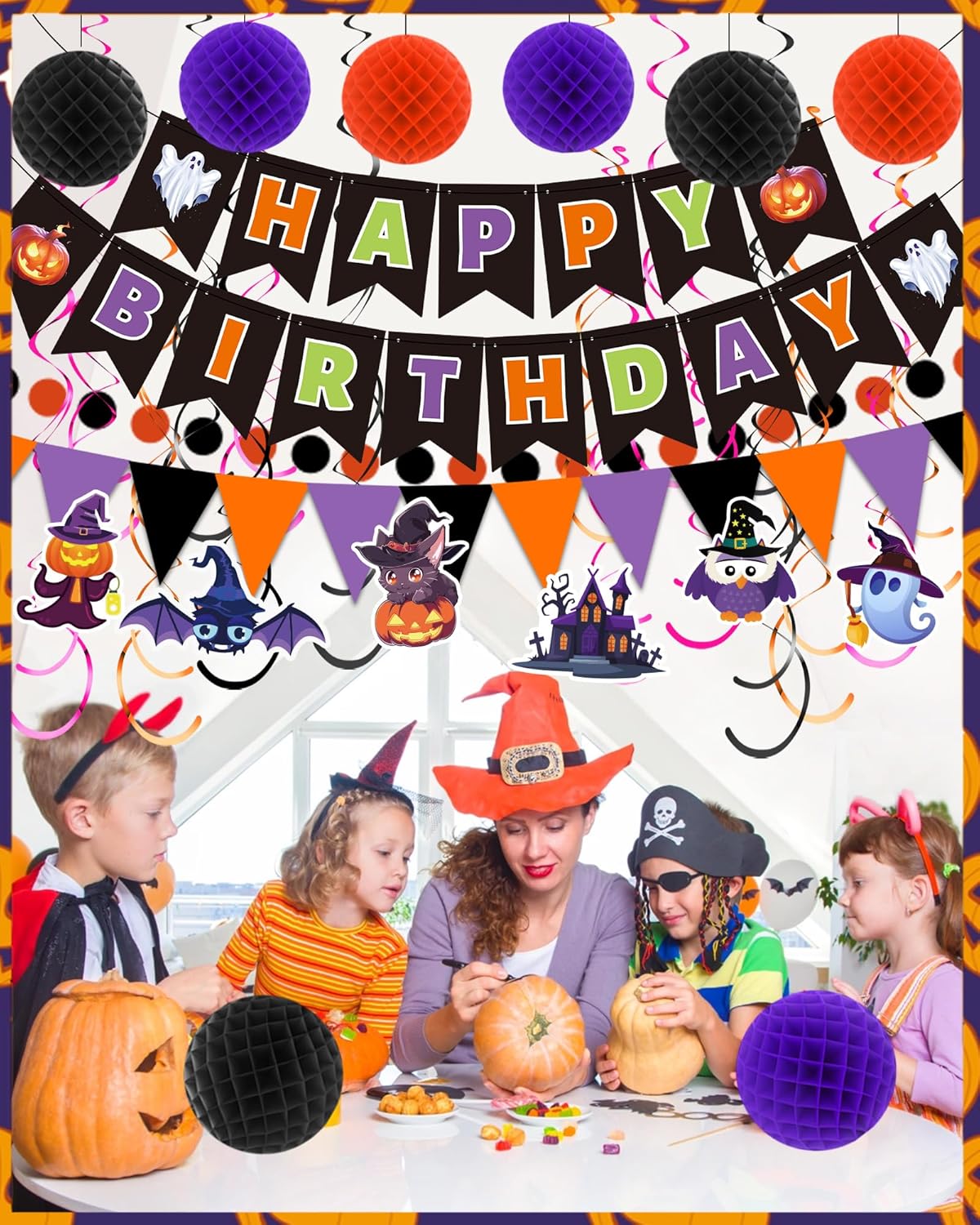 Happy Birthday Banner Decorations with Pom Poms and Swirls
