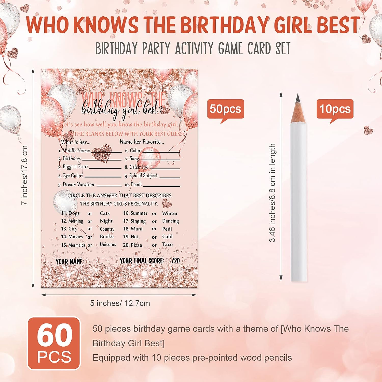 Leinuosen Birthday Girl Best Game Card 50Pcs with Pencils