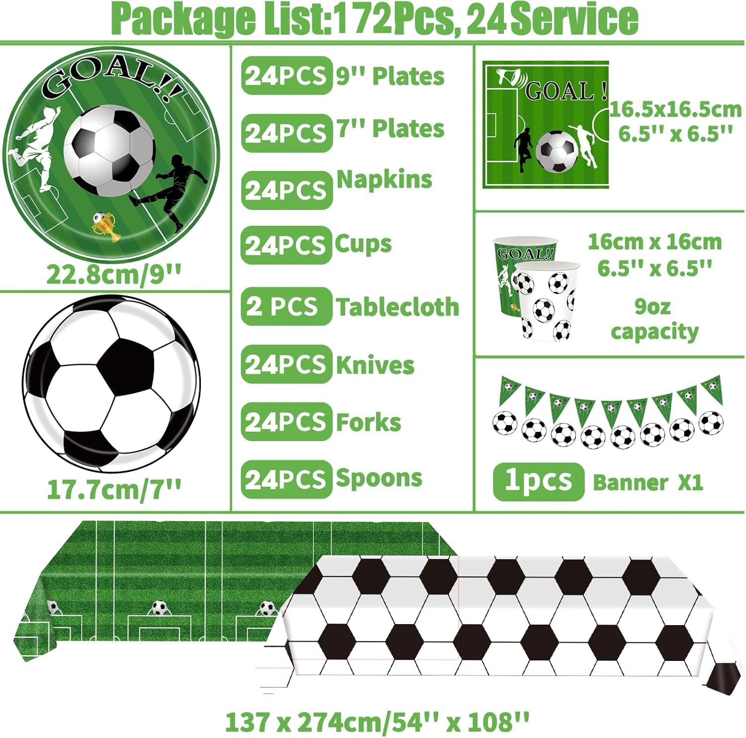 172pcs Soccer Themed Party Set for 24 Guests