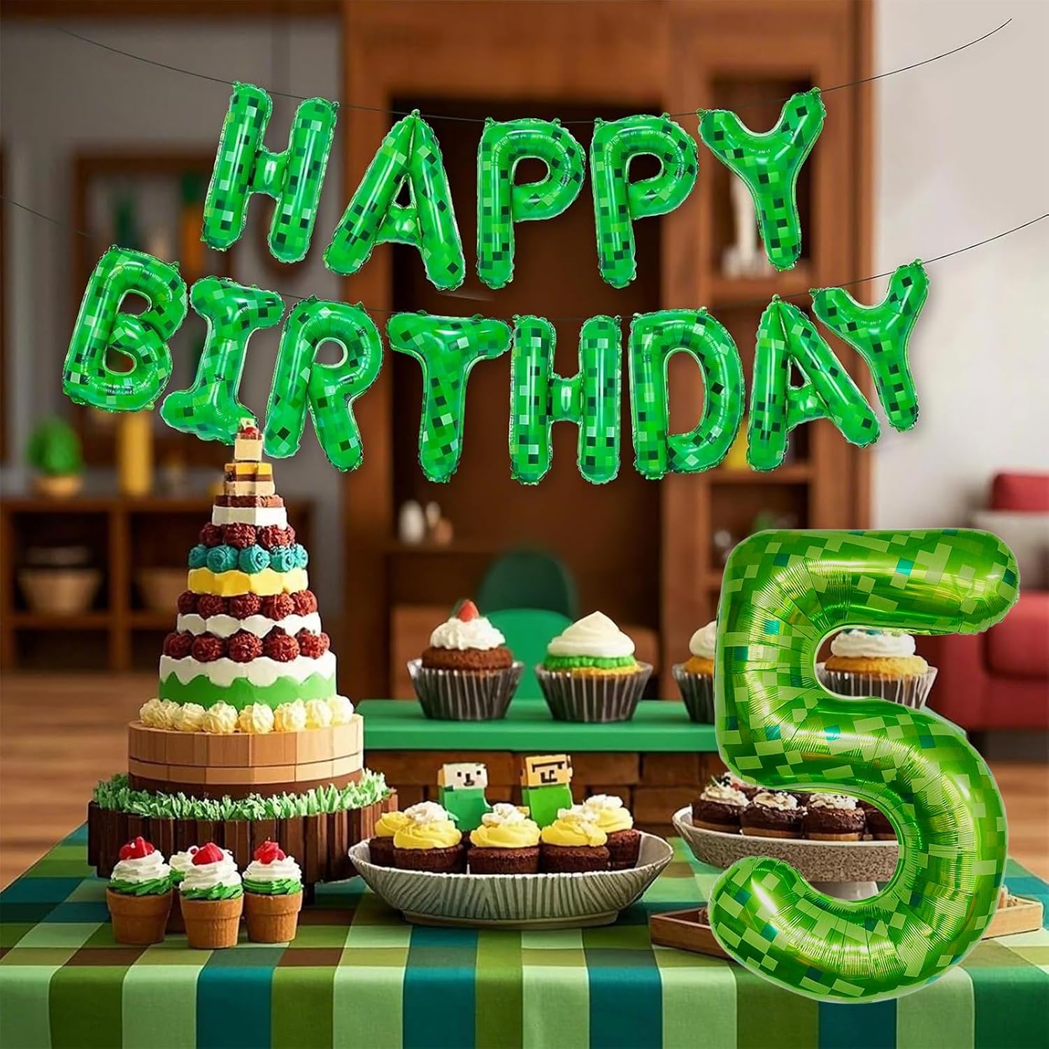 40 Inch Green Pixel Number 5 Foil Balloon Set
