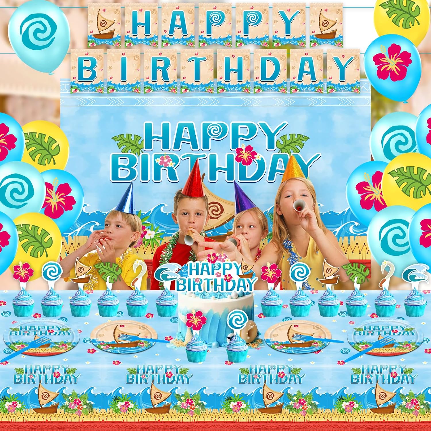 Tropical Hawaiian Birthday Party Tableware Set with Balloons and Decorations
