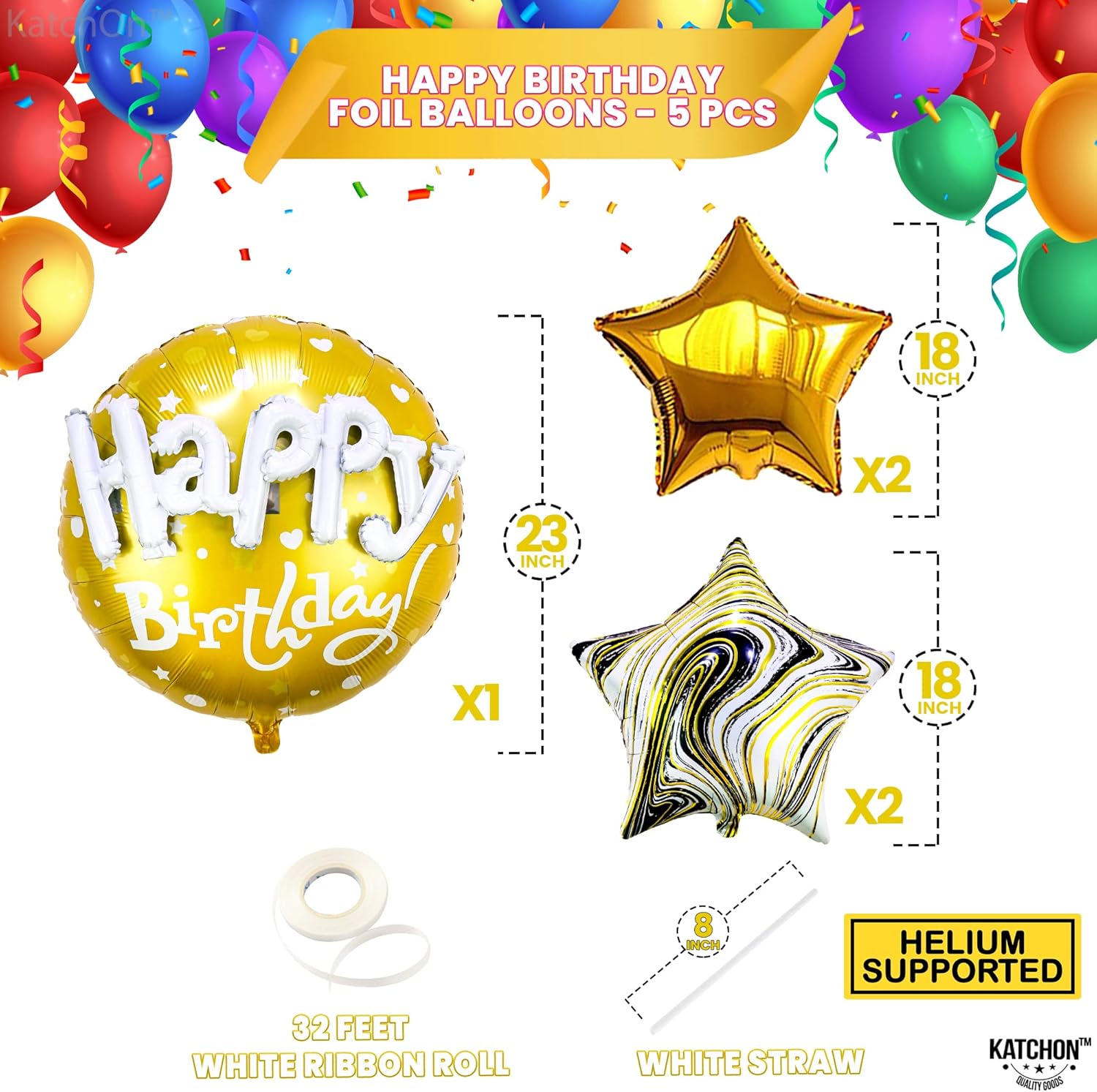 Gold Happy Birthday Balloon Set - 23 Inch Pack of 5