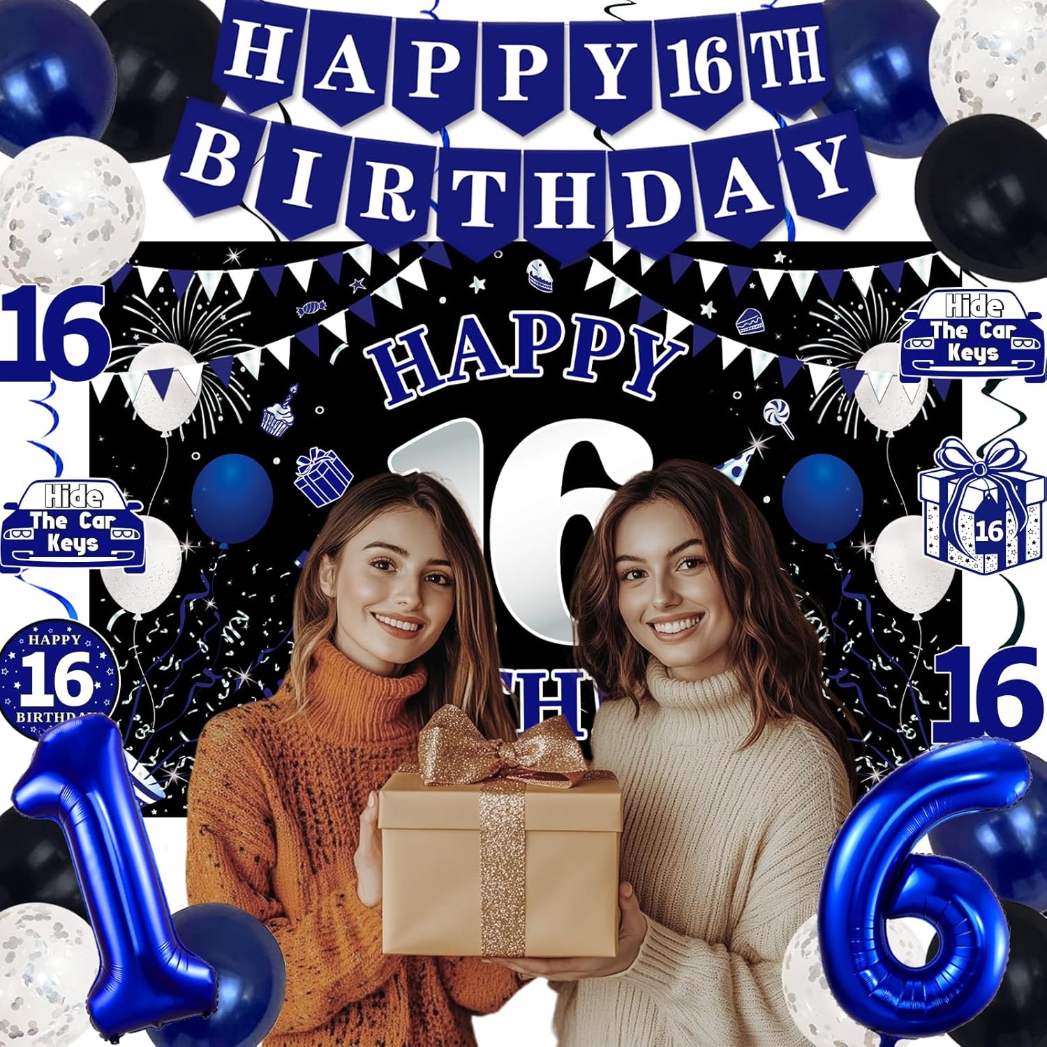 16th Birthday Decorations Blue Black Party Supplies