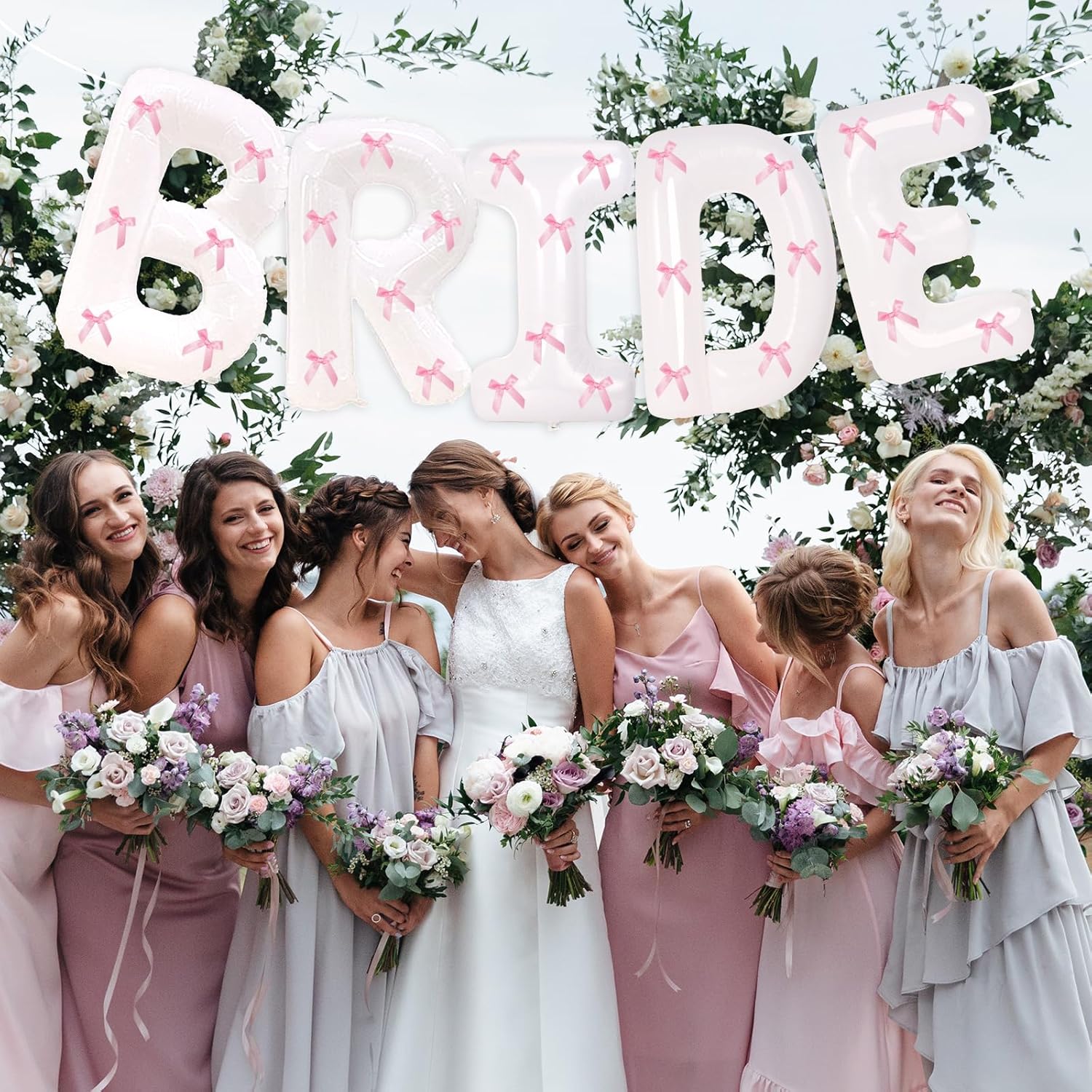 40 Inch White Bride Balloons with Pink Bows Set