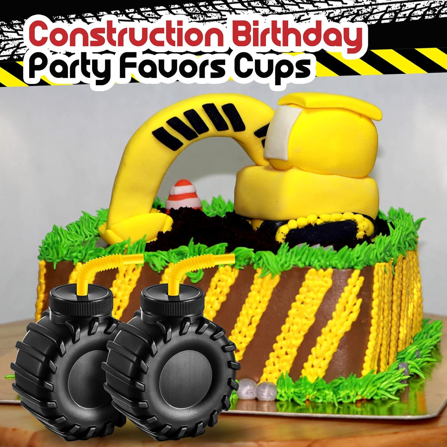 Amyhill 12 oz Construction Truck Cups Set with Orange Straws