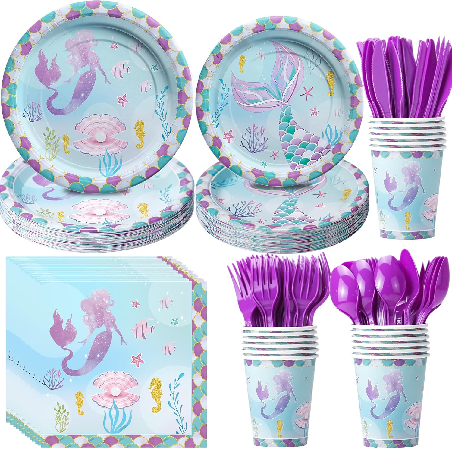 Mermaid Birthday Party Tableware Set for 24 Guests