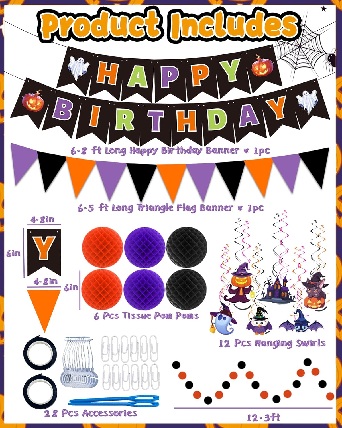 Happy Birthday Banner Decorations with Pom Poms and Swirls