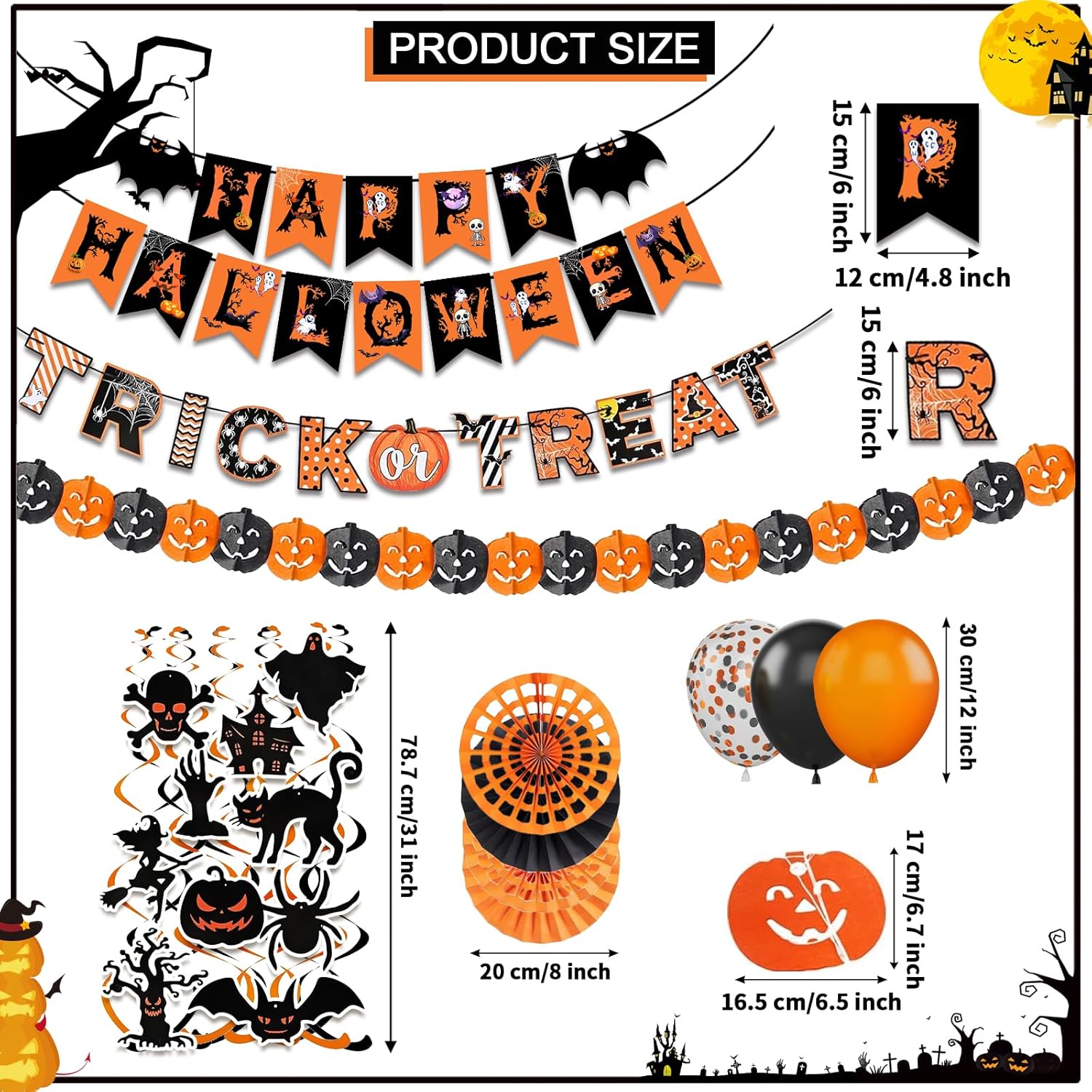 FECEDY Happy Halloween Decorations Banner Fan Balloons Streamers