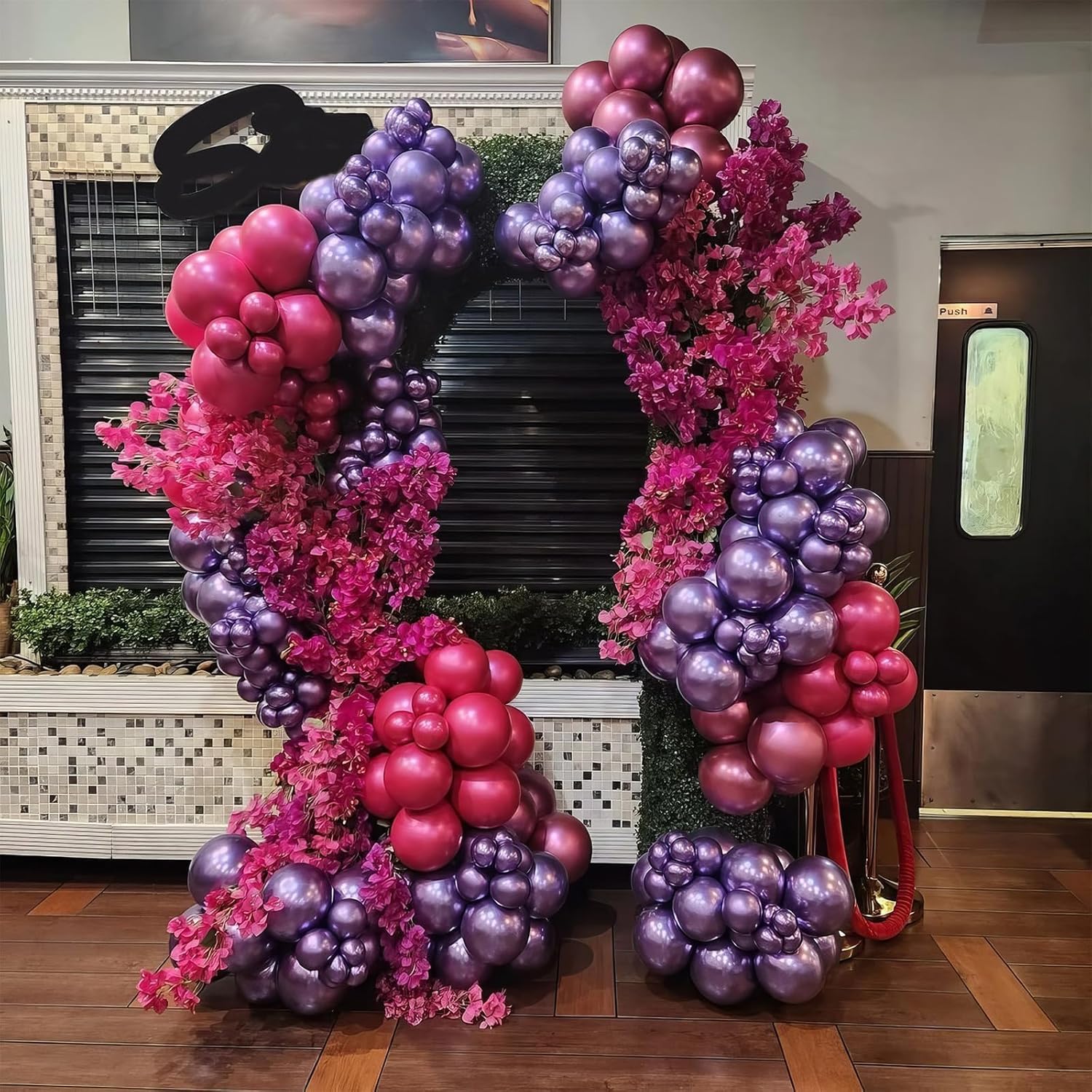 12 Inch Metallic Pink Purple Black and Silver Balloons with Ribbon