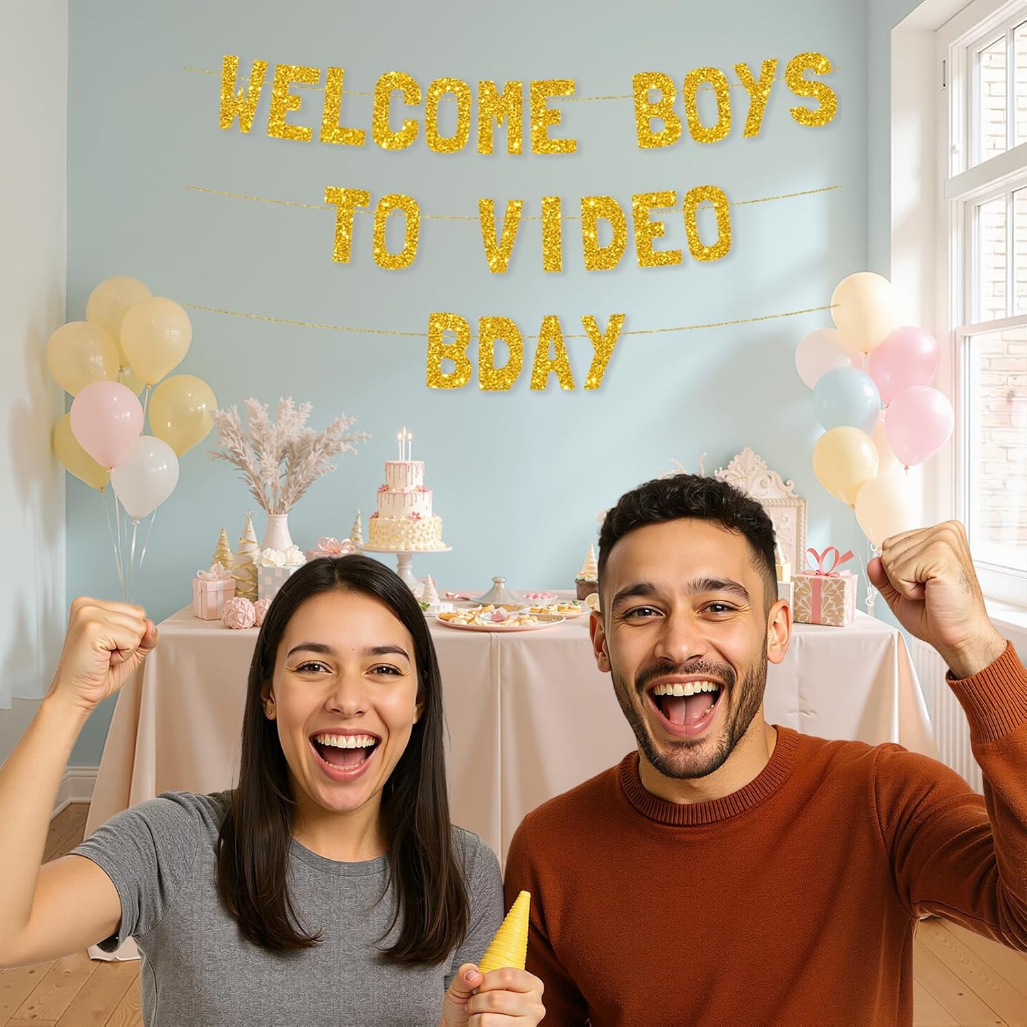 Meowoo Fun Welcome Boys Banner 77 Inch Gold Glitter