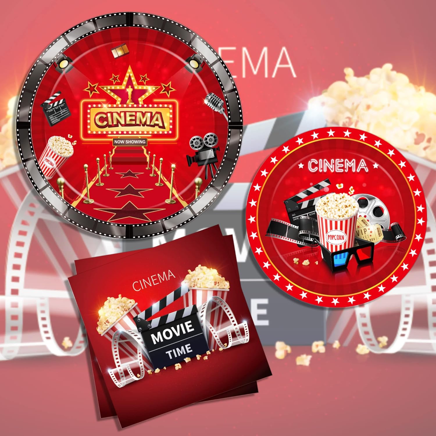 Movie Night Themed 24-Person Paper Plates Napkins Set