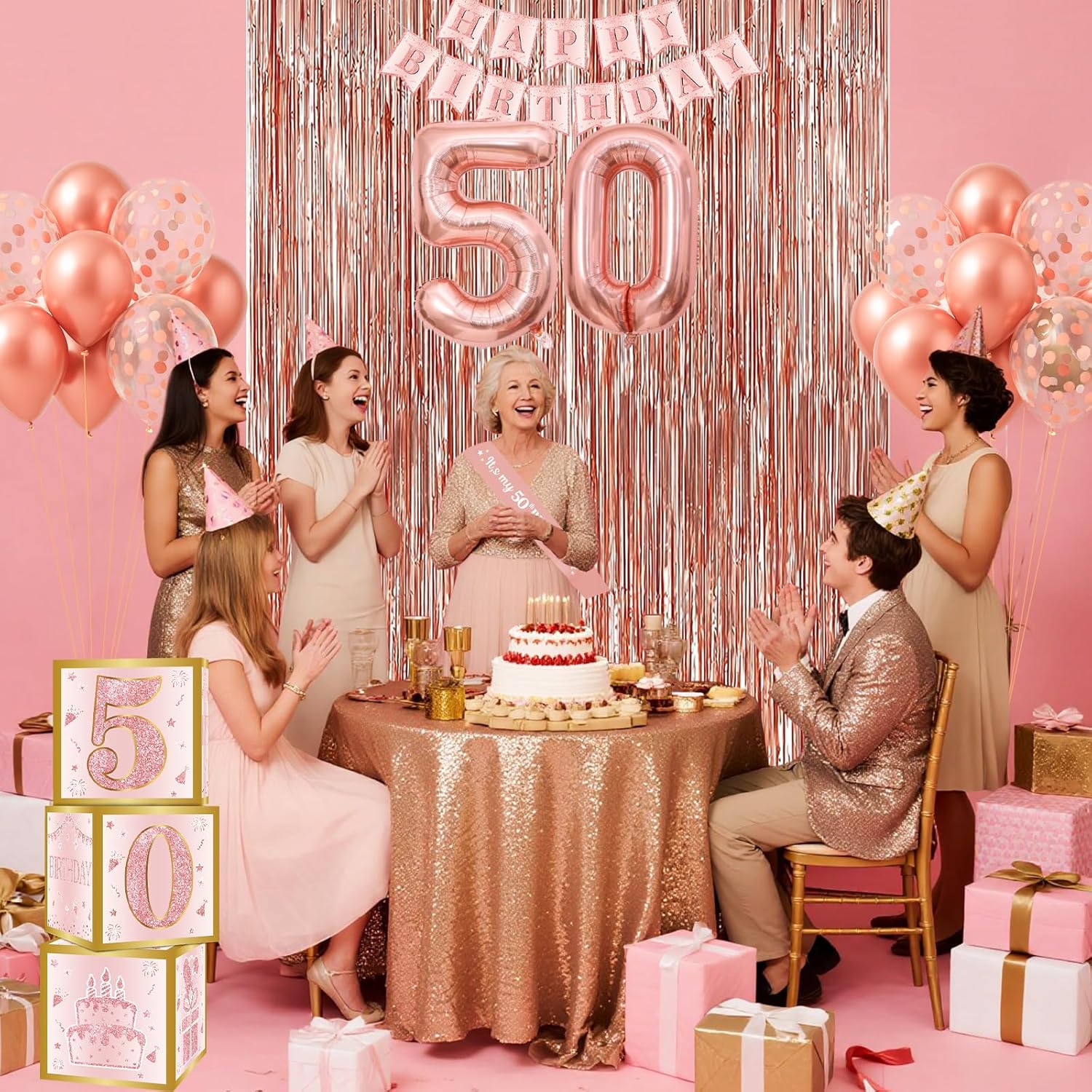 Rose Gold 50th Birthday Decorations Set