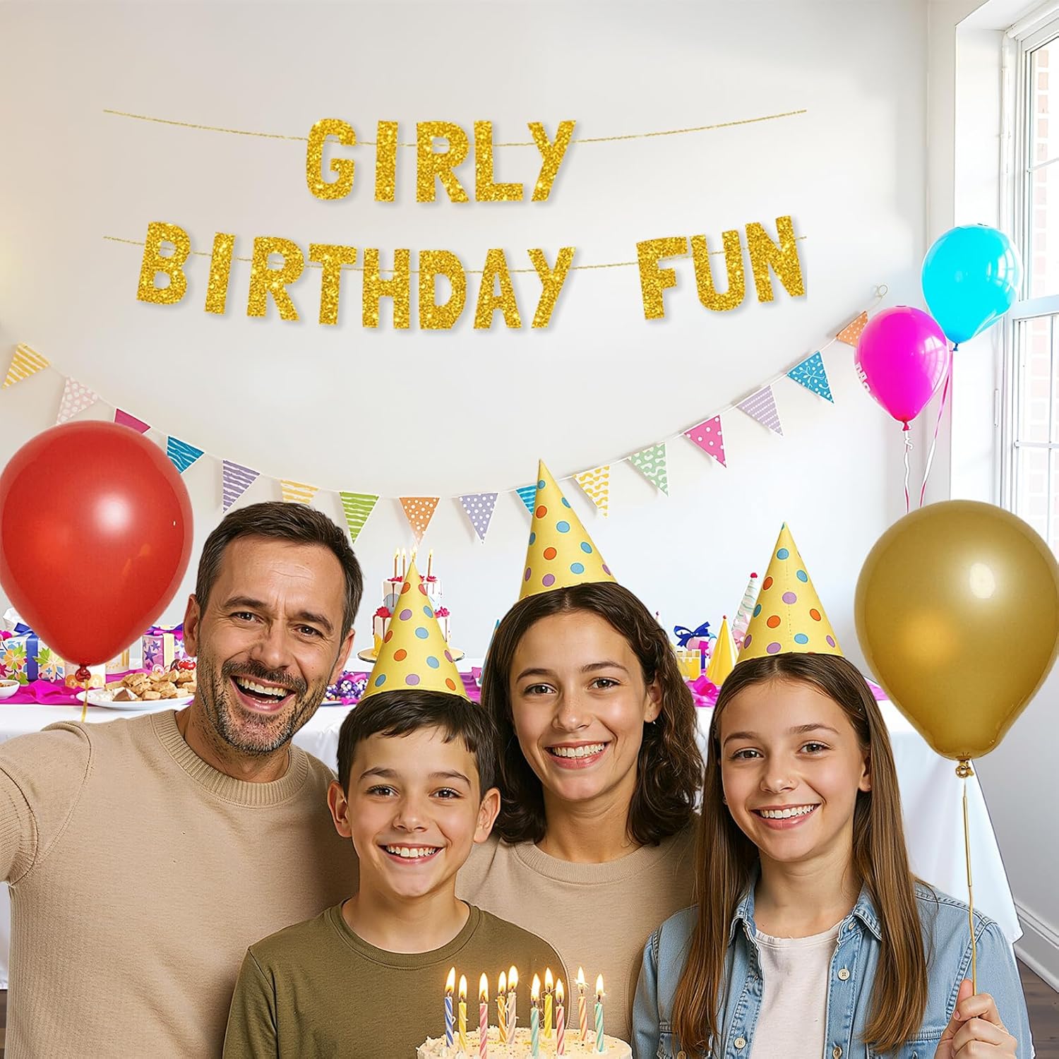 Meowoo Girly Birthday Banner with Glittery Gold Letters