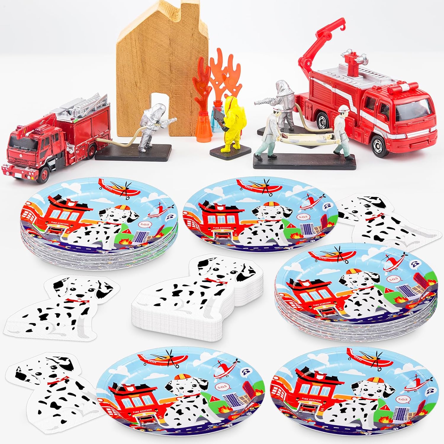 DYLIVeS Fire Truck Plates Napkins Set for 16 Guests