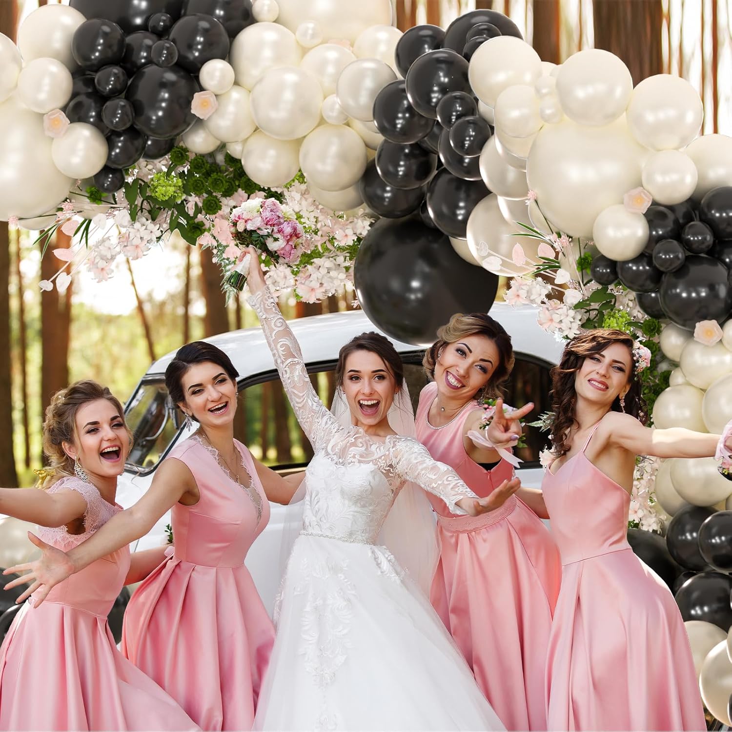 134pcs Double Stuffed Pearl White and Black Balloons Garland Arch Kit