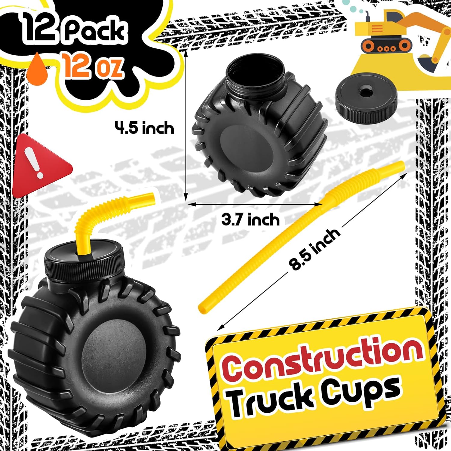 Amyhill 12 oz Construction Truck Cups Set with Orange Straws