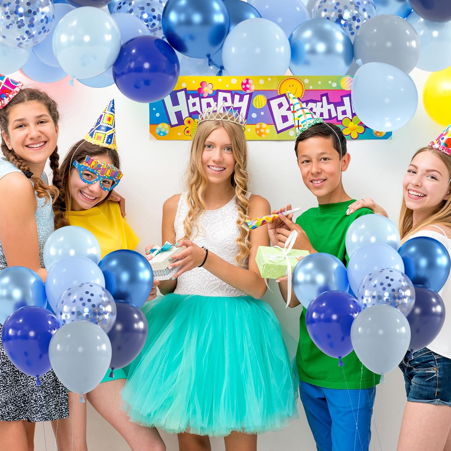 100pcs Blue Balloons Kit with 66ft Ribbons