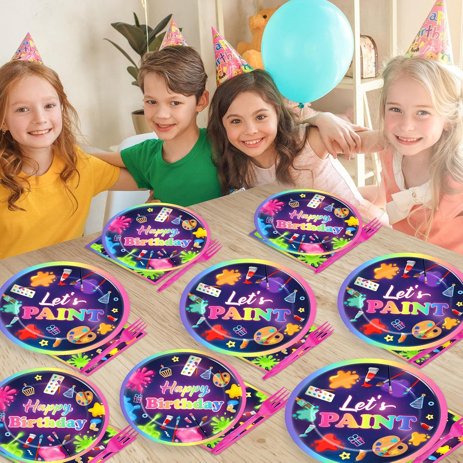 Justforjoyful 96Pcs Neon Paint Party Set for 24 Guests