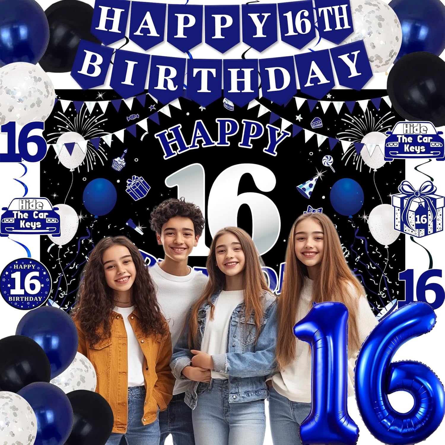 16th Birthday Decorations Blue Black Party Supplies
