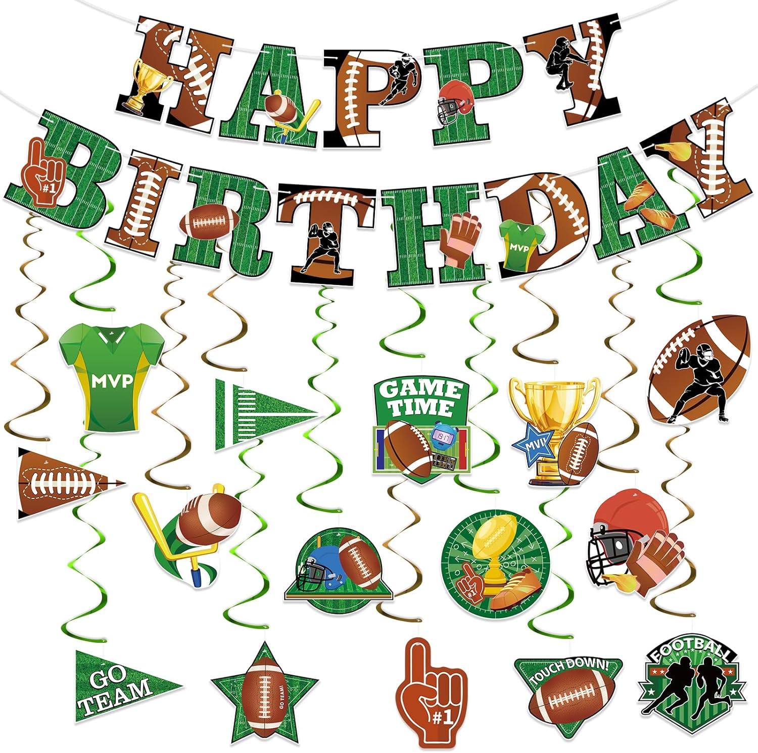 Hooqict Football Birthday Banner with 15 Hanging Swirls