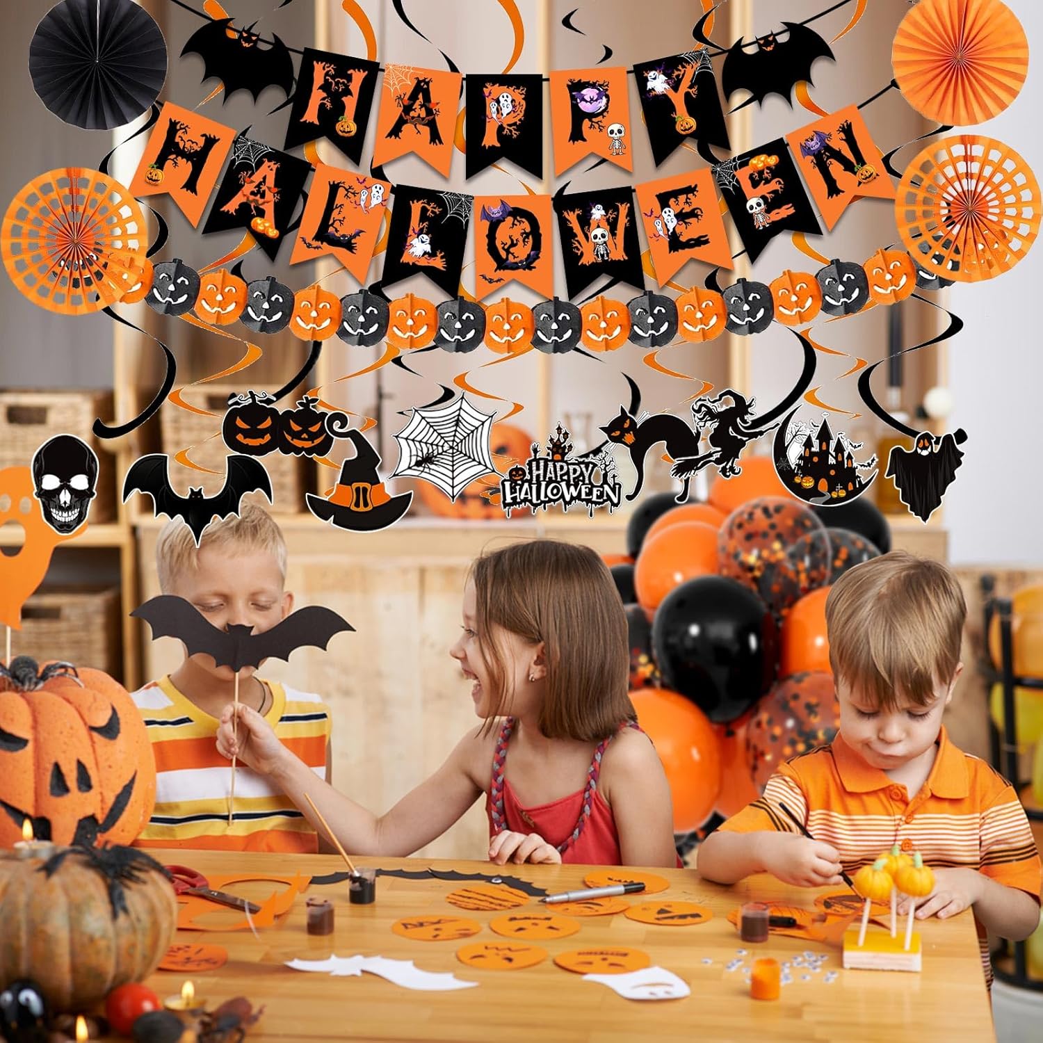 FECEDY Happy Halloween Decorations Banner Fan Balloons Streamers