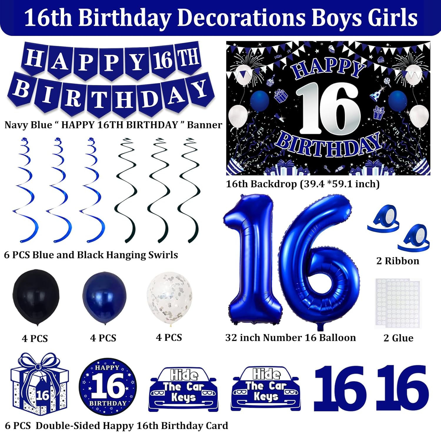 16th Birthday Decorations Blue Black Party Supplies