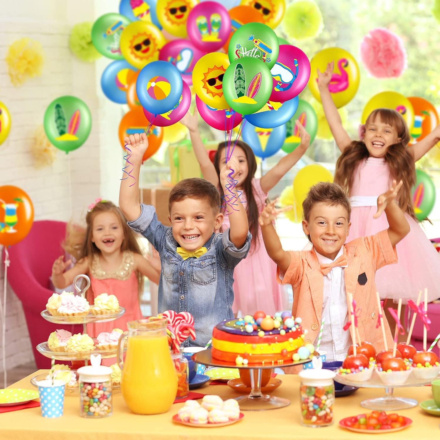 Threan 50 Pcs Summer Party Balloons with Ribbons 12 Inches