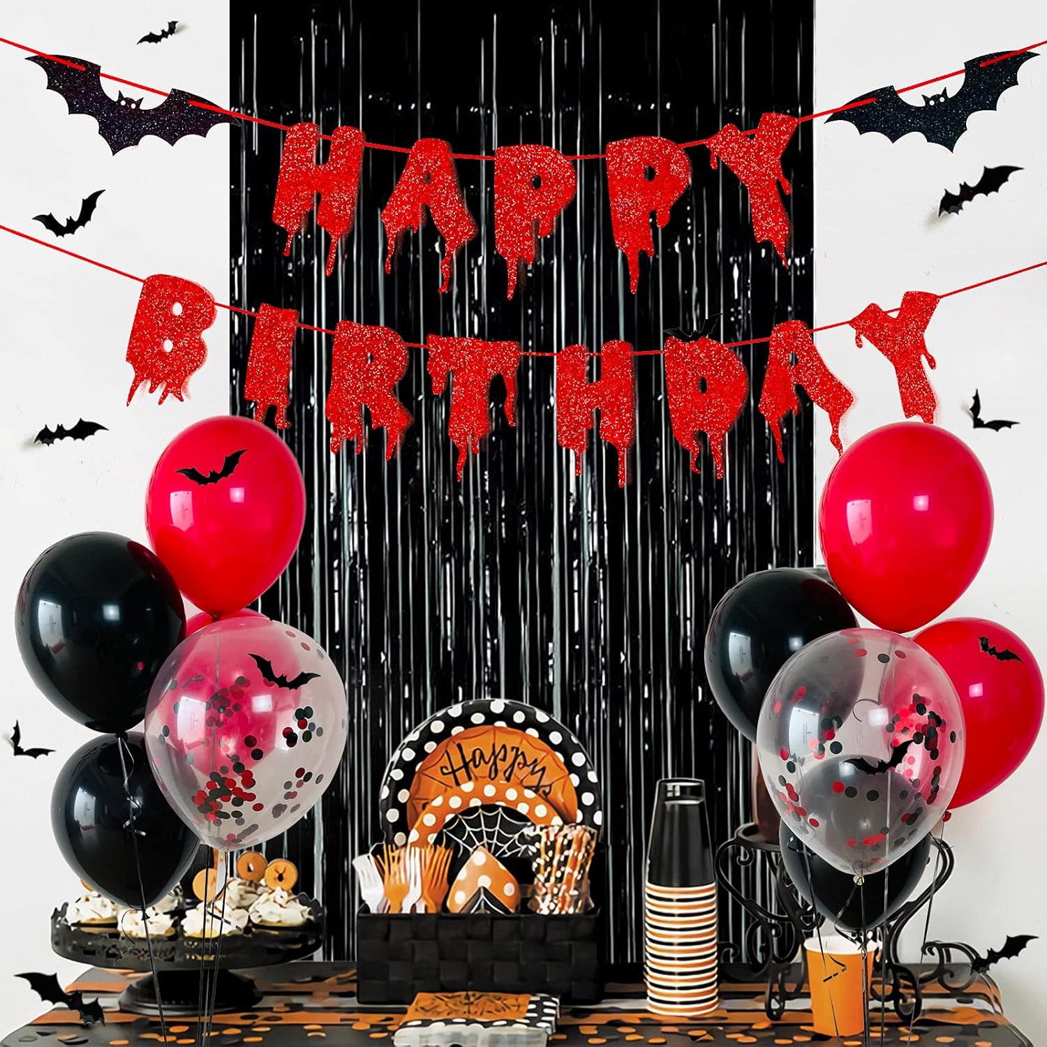 Red Glittery Halloween Birthday Party Decor Banner Set