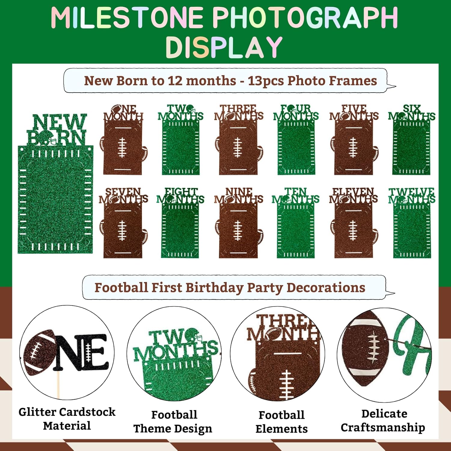Glitter Football Birthday Photo Banner Set with 24pcs Cake Toppers