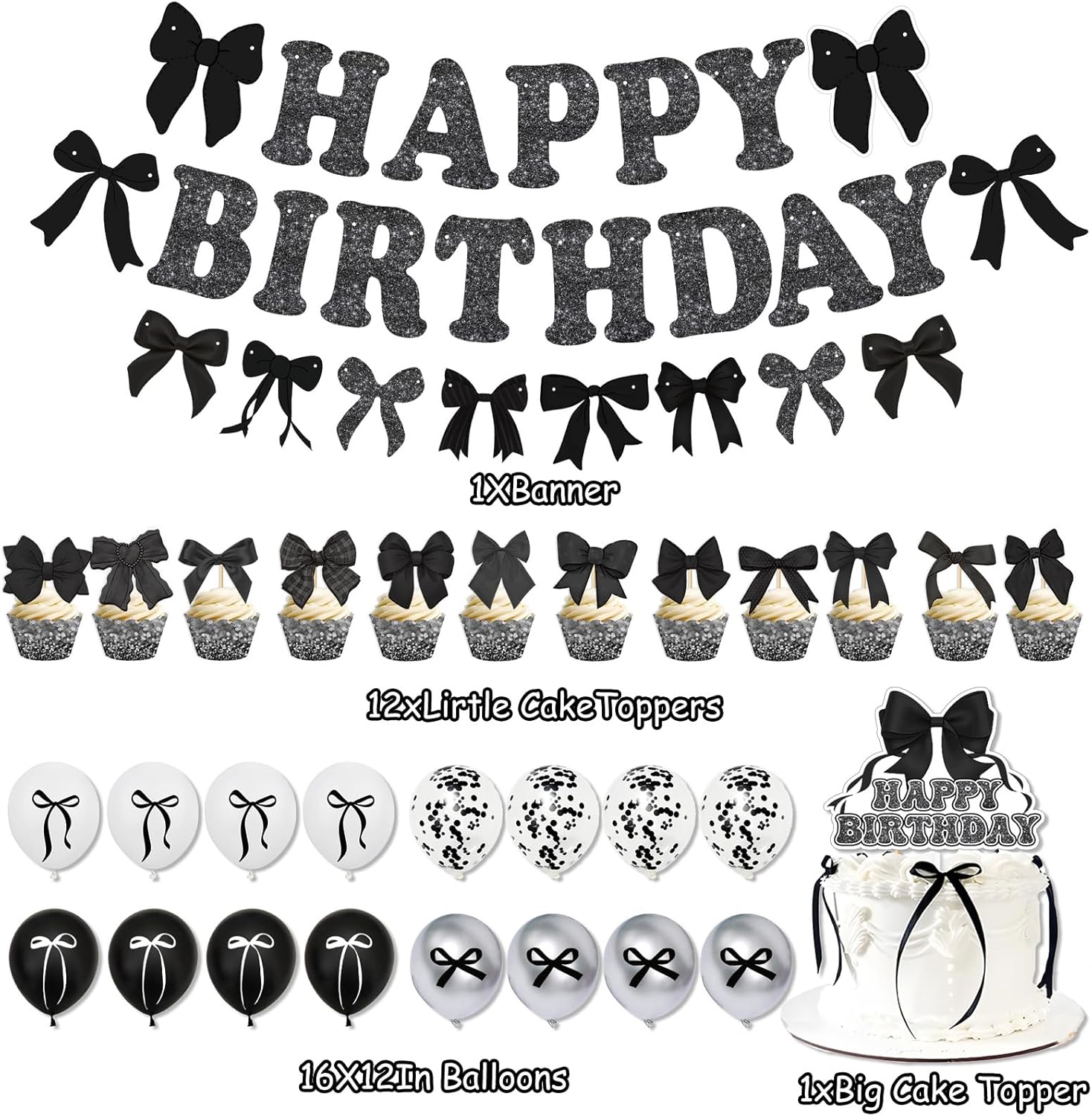 Black Bow Birthday Party Decoration Kit