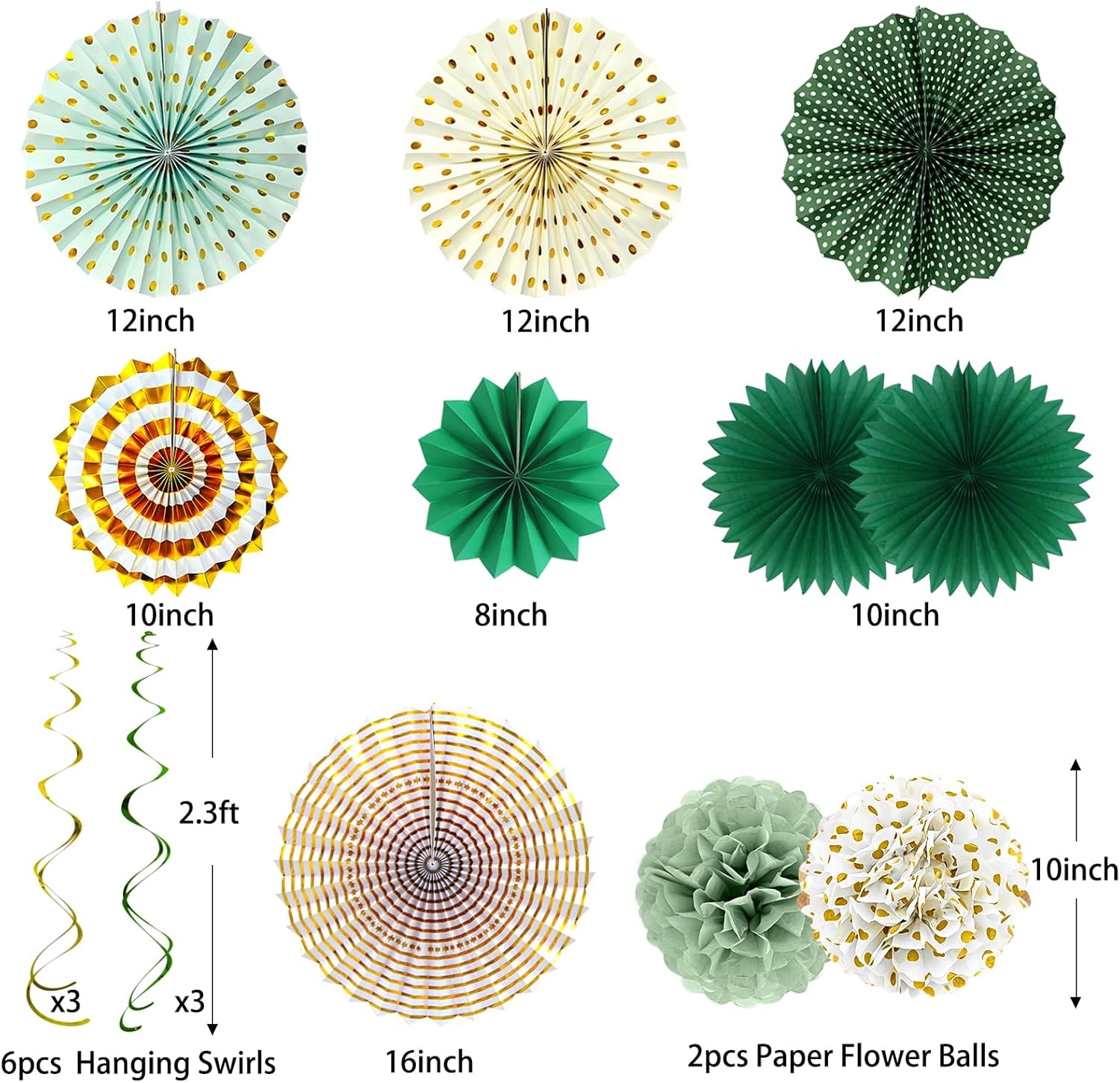 MEIWUTIE Green Gold Paper Fan Decorations Set