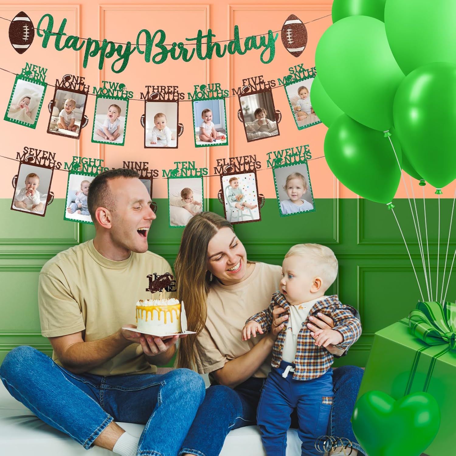Glitter Football Birthday Photo Banner Set with 24pcs Cake Toppers