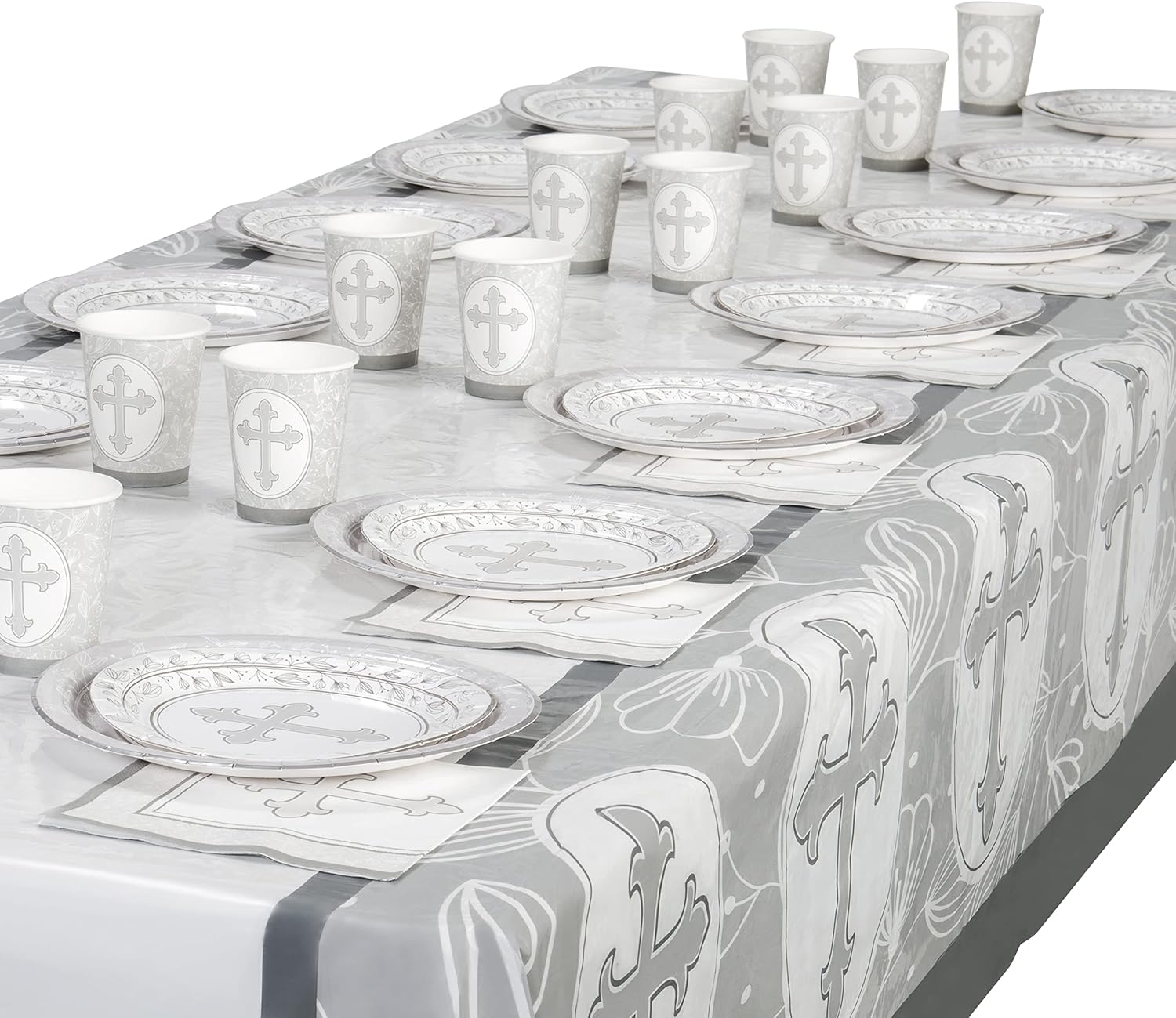 ROYAL BLUEBONNET Gray Cross Tablecloth Set of 2 for Baptism Party