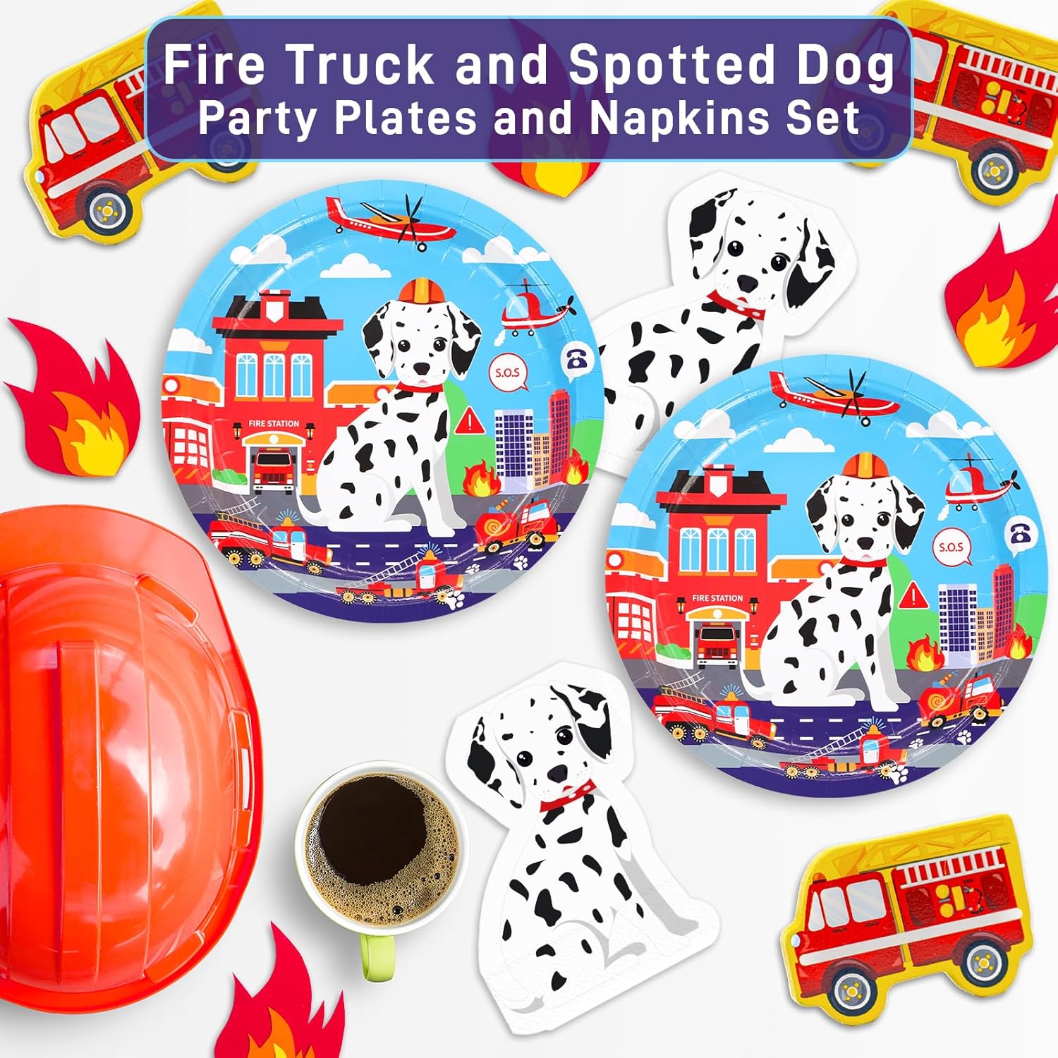DYLIVeS Fire Truck Plates Napkins Set for 16 Guests