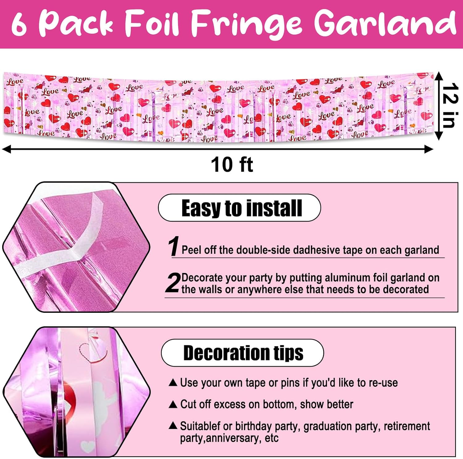 6 Pack 10 Feet Pink Metallic Foil Garland 1