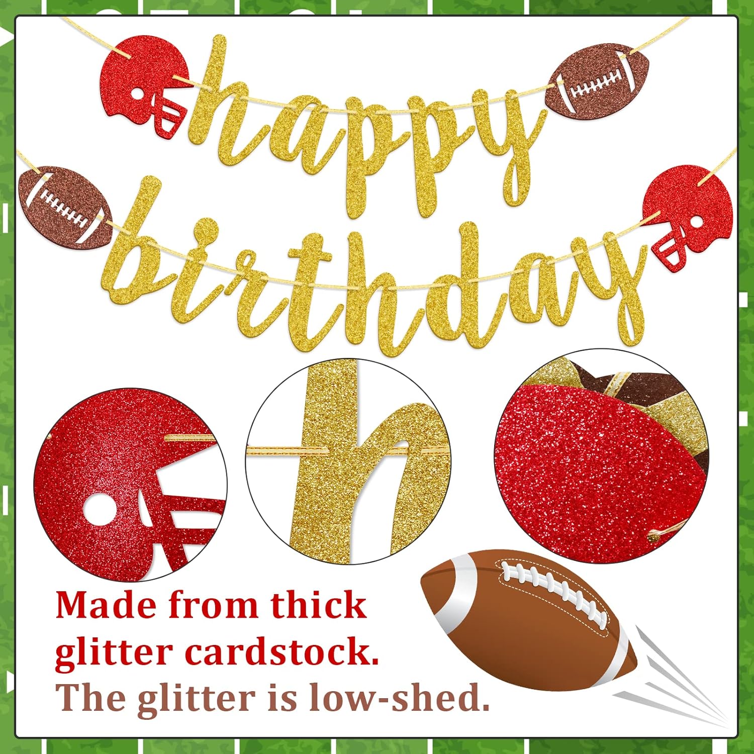 Happy Birthday Football Banner with Gold Glitter