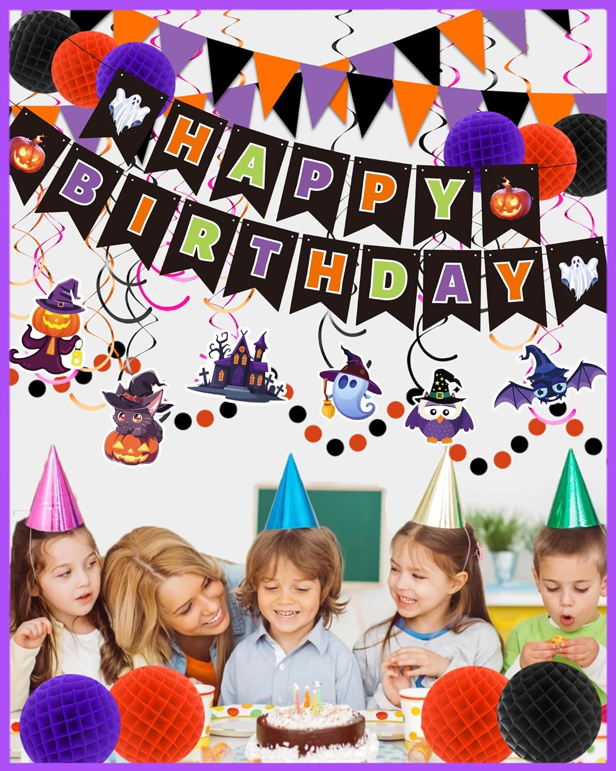 Happy Birthday Banner Decorations with Pom Poms and Swirls