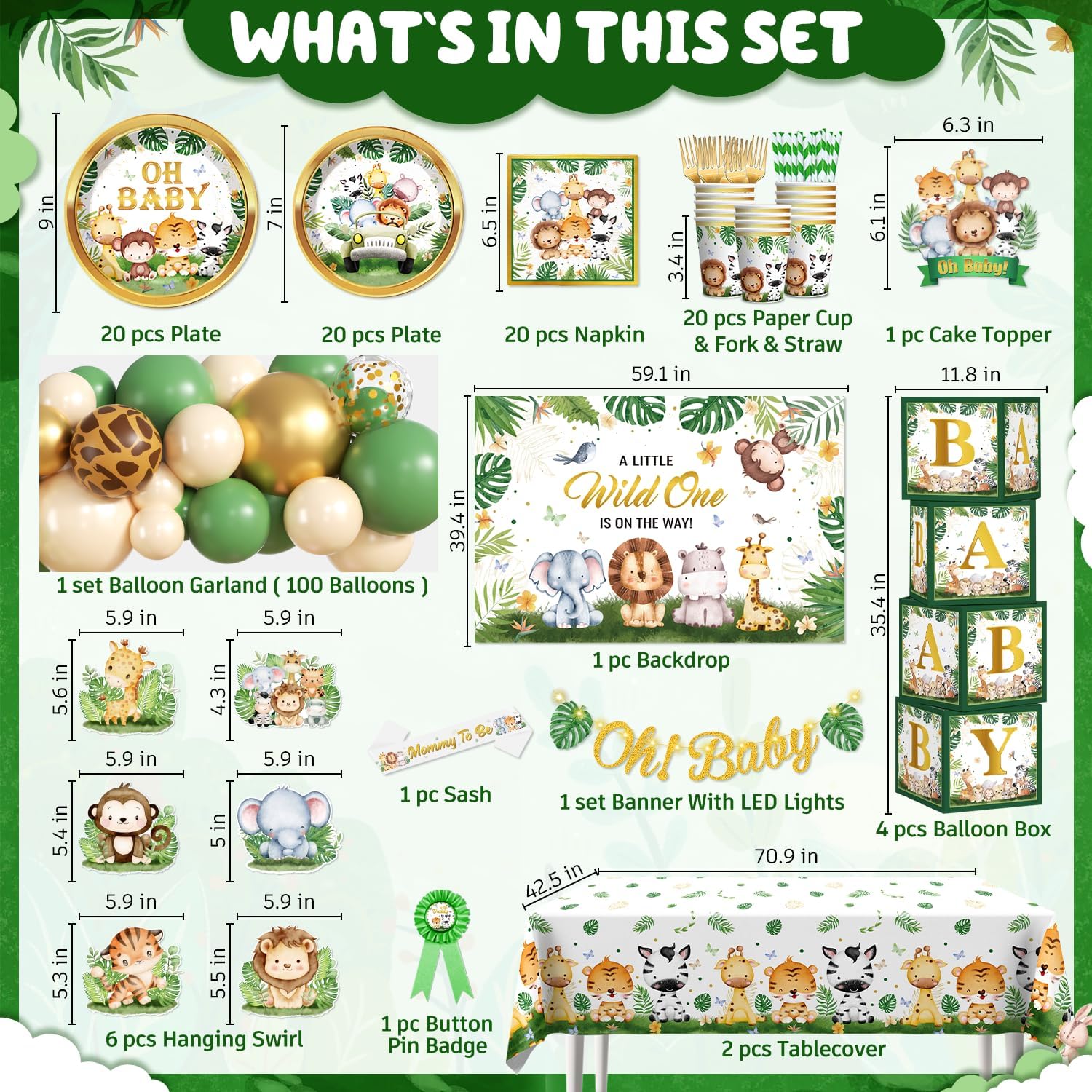 Cocomigo 260PCS Safari Baby Shower Decor Set