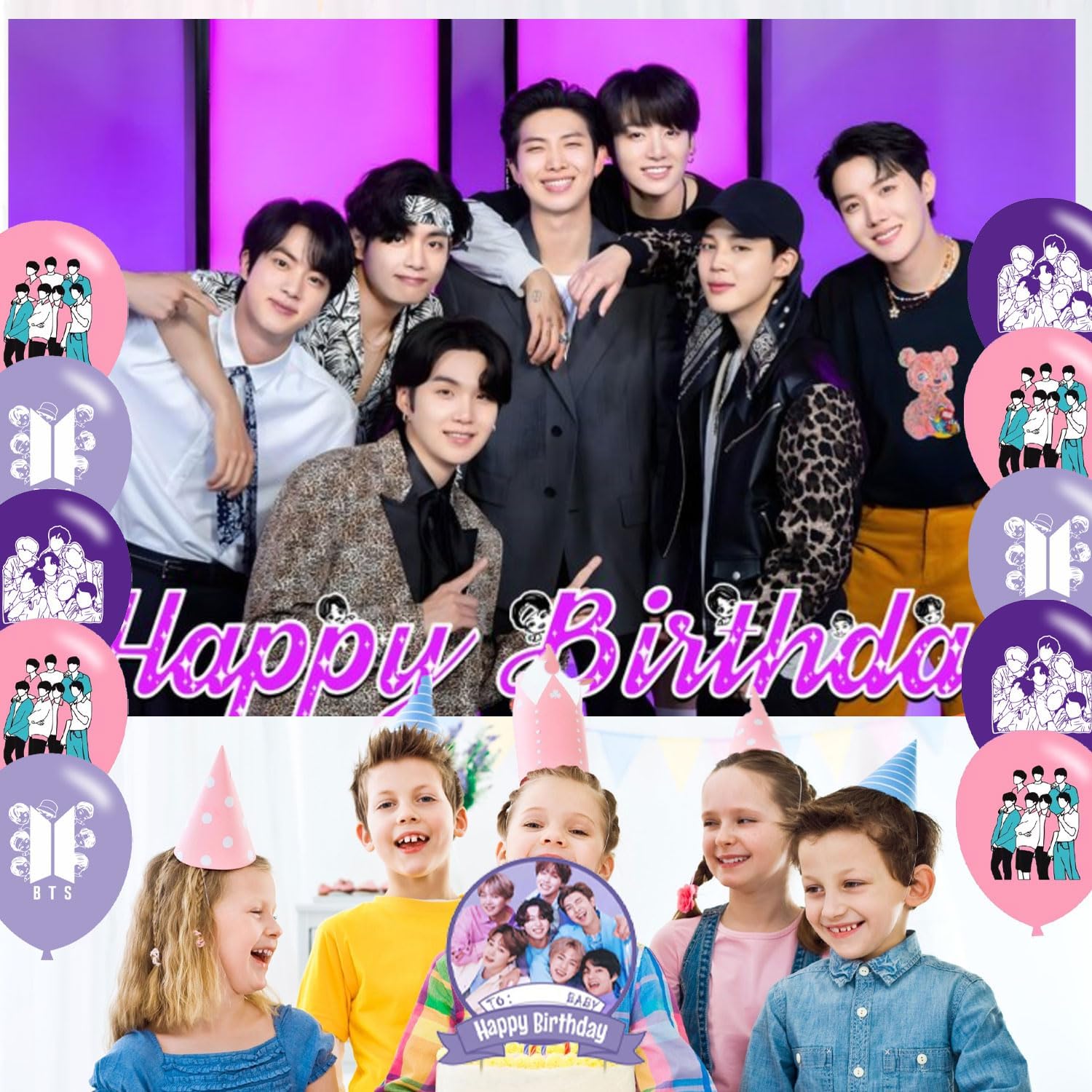 OUDINI Bangtan Boys Birthday Backdrop with Balloons and Party Decor